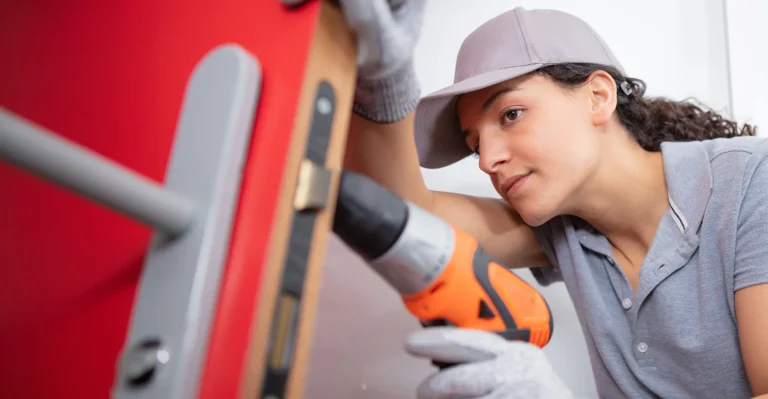 Tradeswoman repairing a door handle