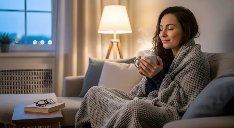Woman siting on a sofa wrapped up warm with a hot drink